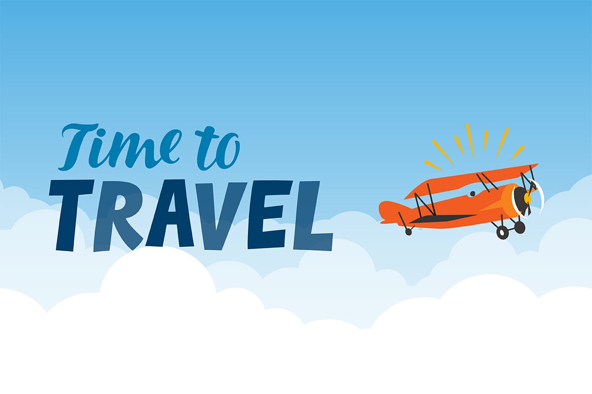 Illustration of an orange plane flying in the clouds with the text "Time to Travel"