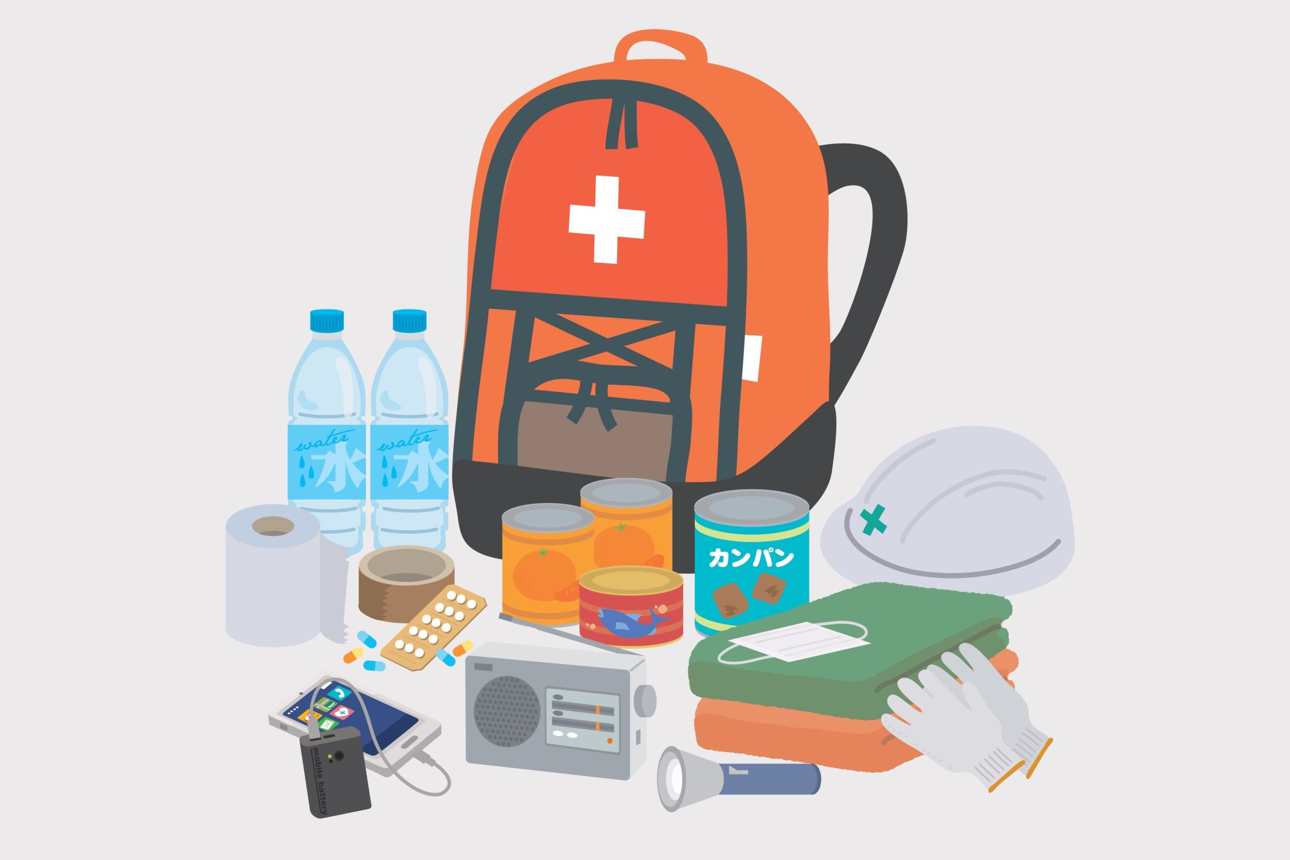 illustration of orange backpack and survival kit items