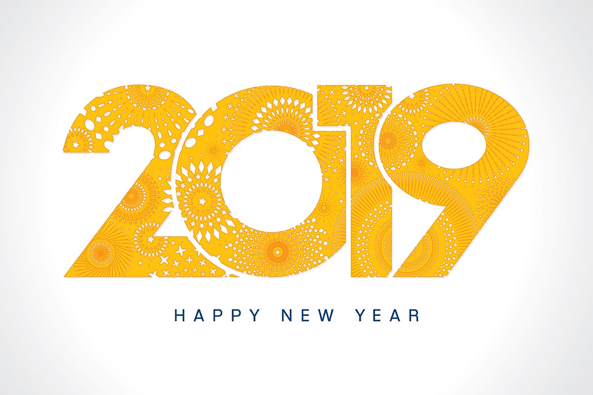 yellow 2019 design that says "Happy New Year"