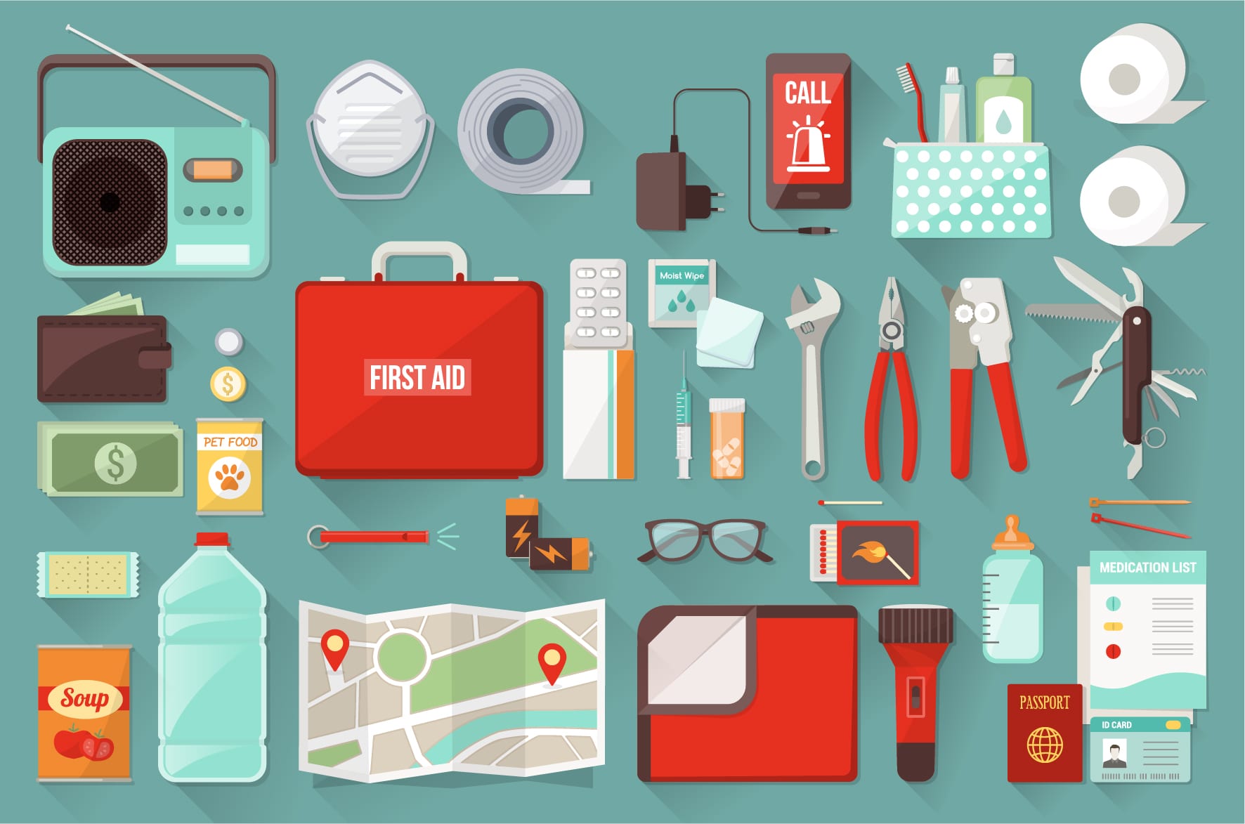 illustrated flatlay image of first aid items