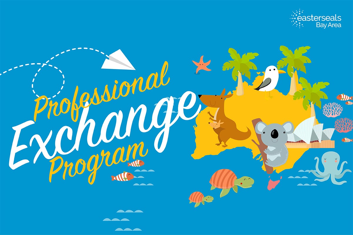 illustration of Australia map with animals and script text that says ‘professional exchange program’